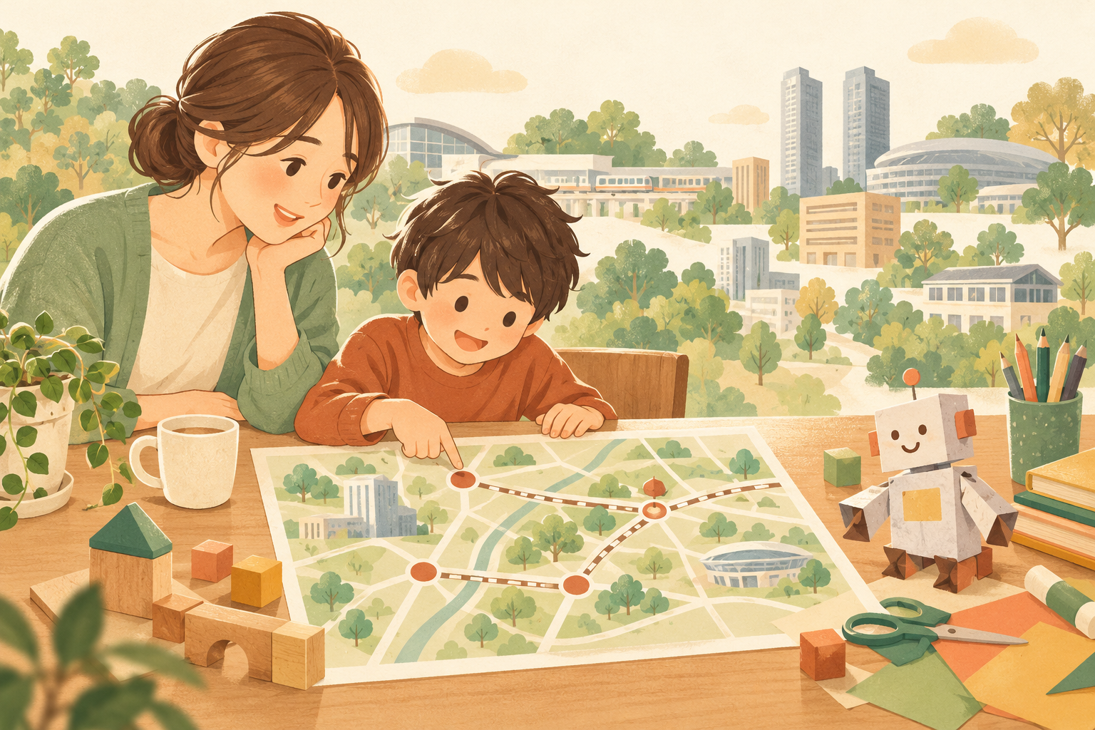 親子が概念図を見ながら支援先への通い方を考えるイラスト