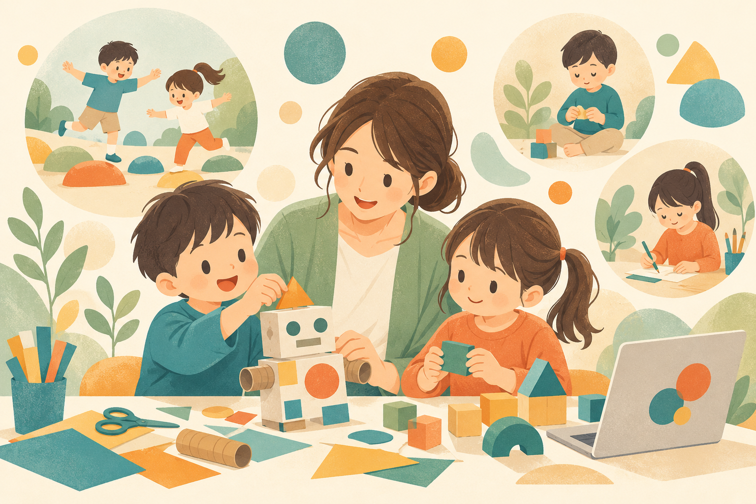 スタッフと子どもが工作やブロックに取り組むイラスト