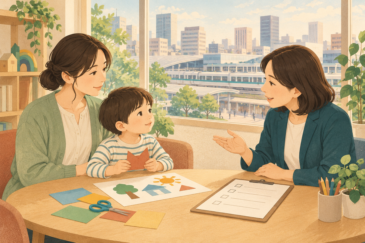 保護者と子どもが支援者に生活や好きな活動を相談するイラスト