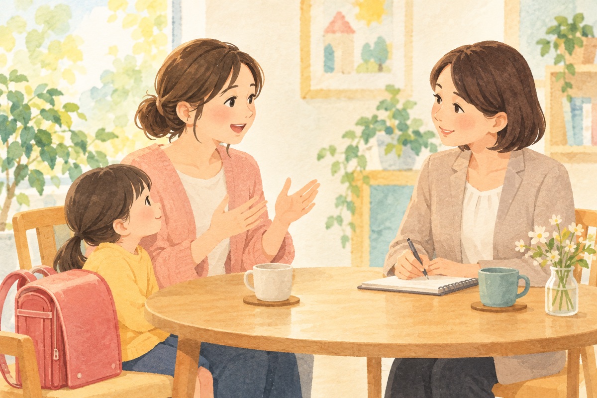 困りごとを一緒に整理する相談のイメージイラスト。